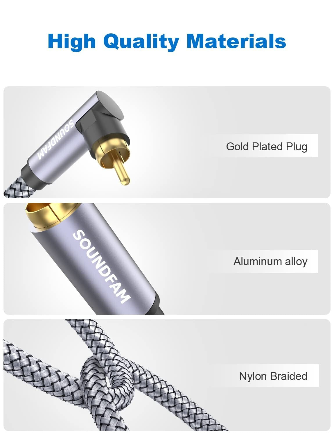 50ft Right Angle RCA Cable with Gold-Plated Connectors for Subwoofer & TV