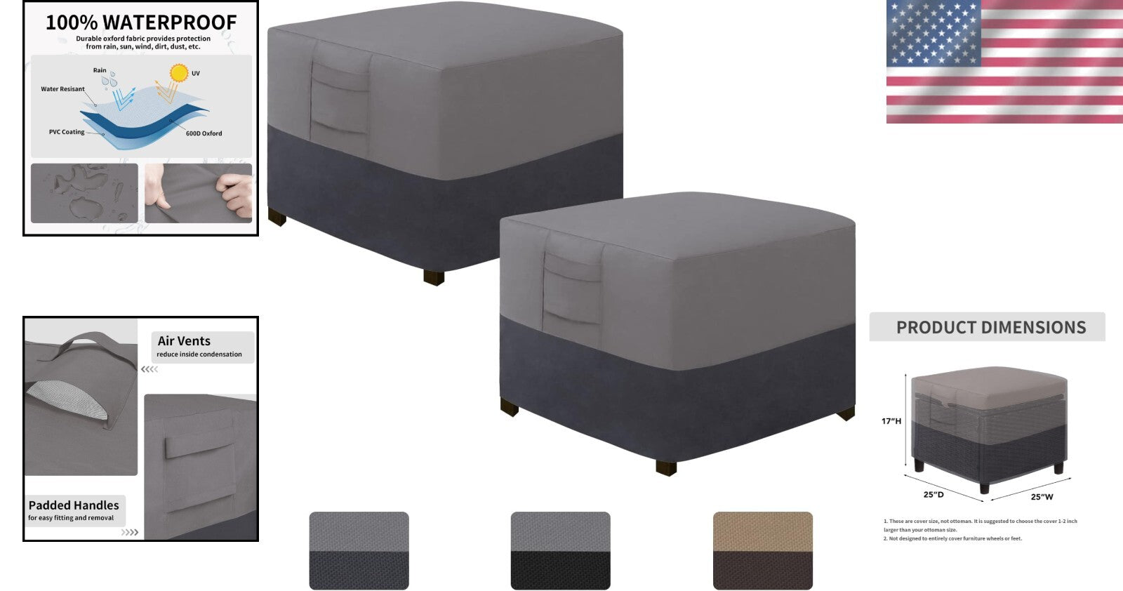 Premium Gray Outdoor Ottoman Covers - Waterproof & Scratch-Resistant 25"x25"x17"