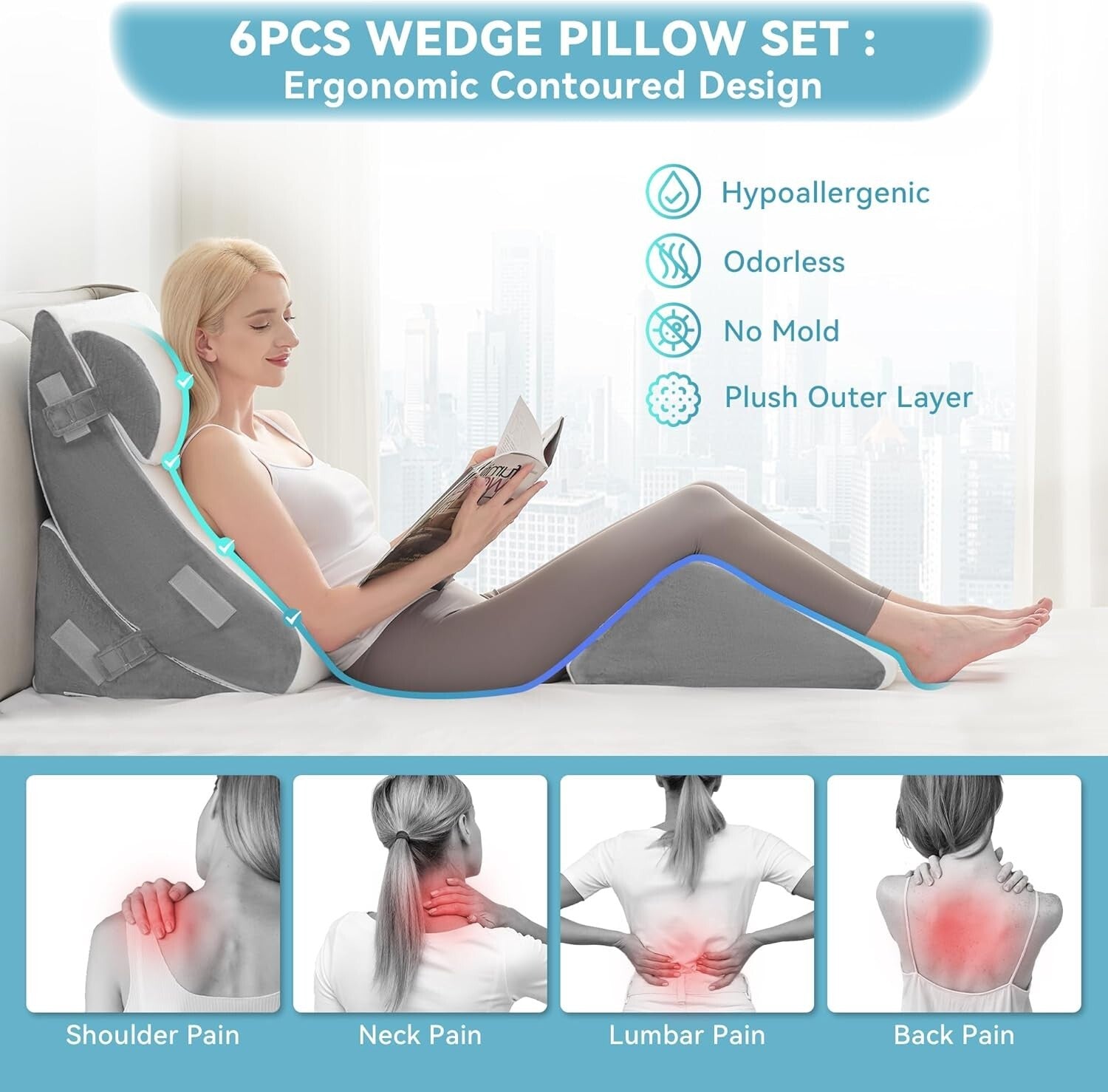 4-Piece Orthopedic Wedge Pillow Set - Memory Foam for Comfort & Recovery