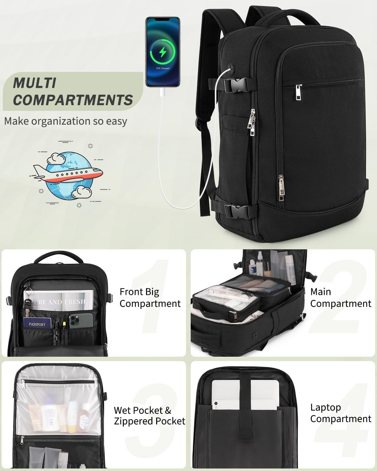 Ergonomic Travel Backpack with Packing Cubes - 40L Waterproof Adventure Bag