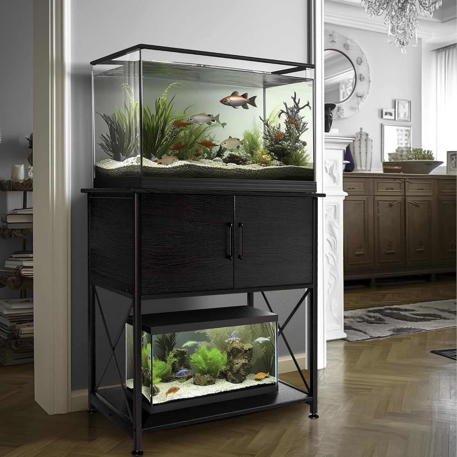 Dual-Level 20-29 Gallon Fish Tank Stand with Modern Design and Storage Solutions
