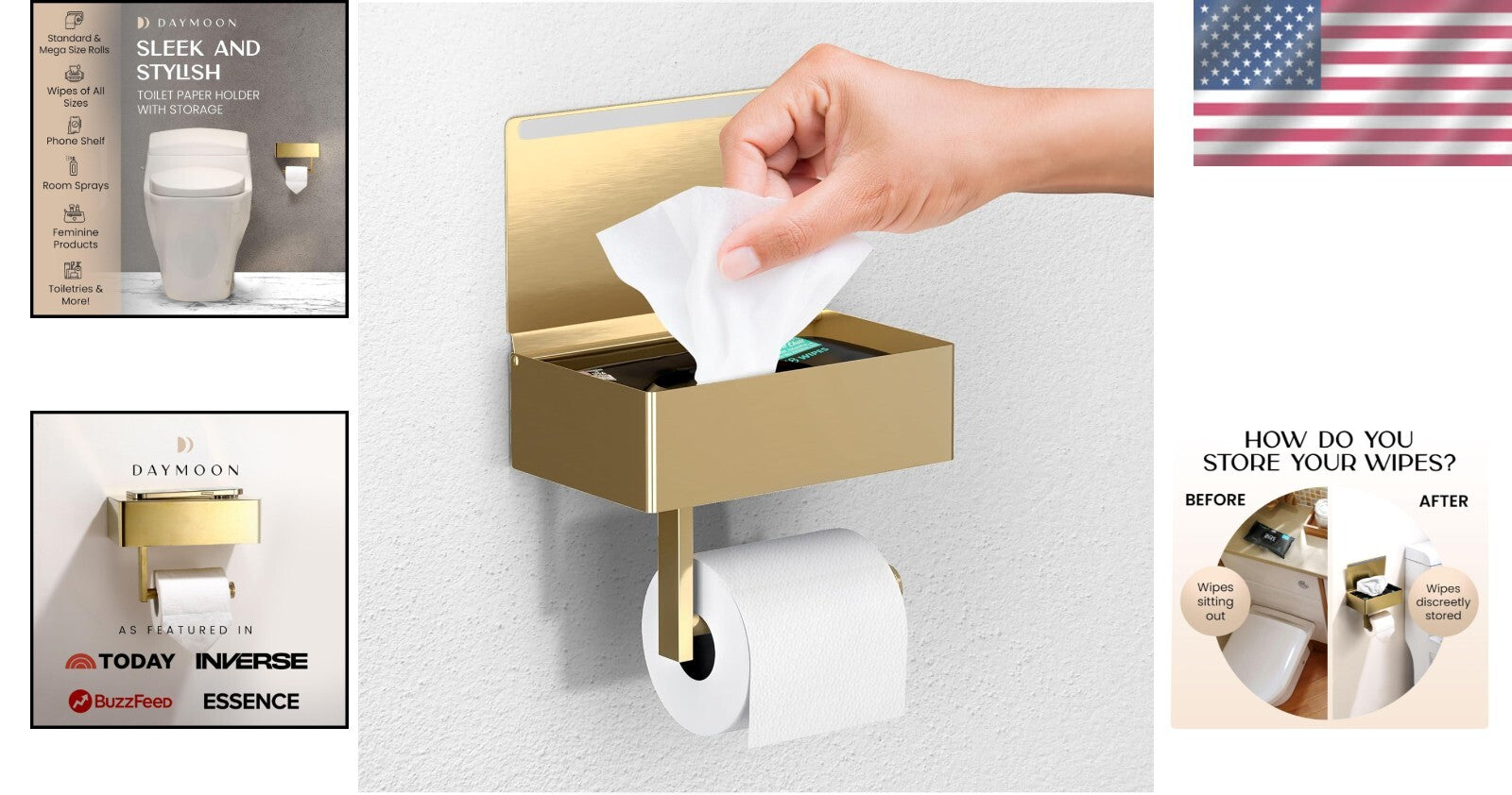 Brushed Gold Toilet Paper Holder with Shelf - Modern Bathroom Storage Solution