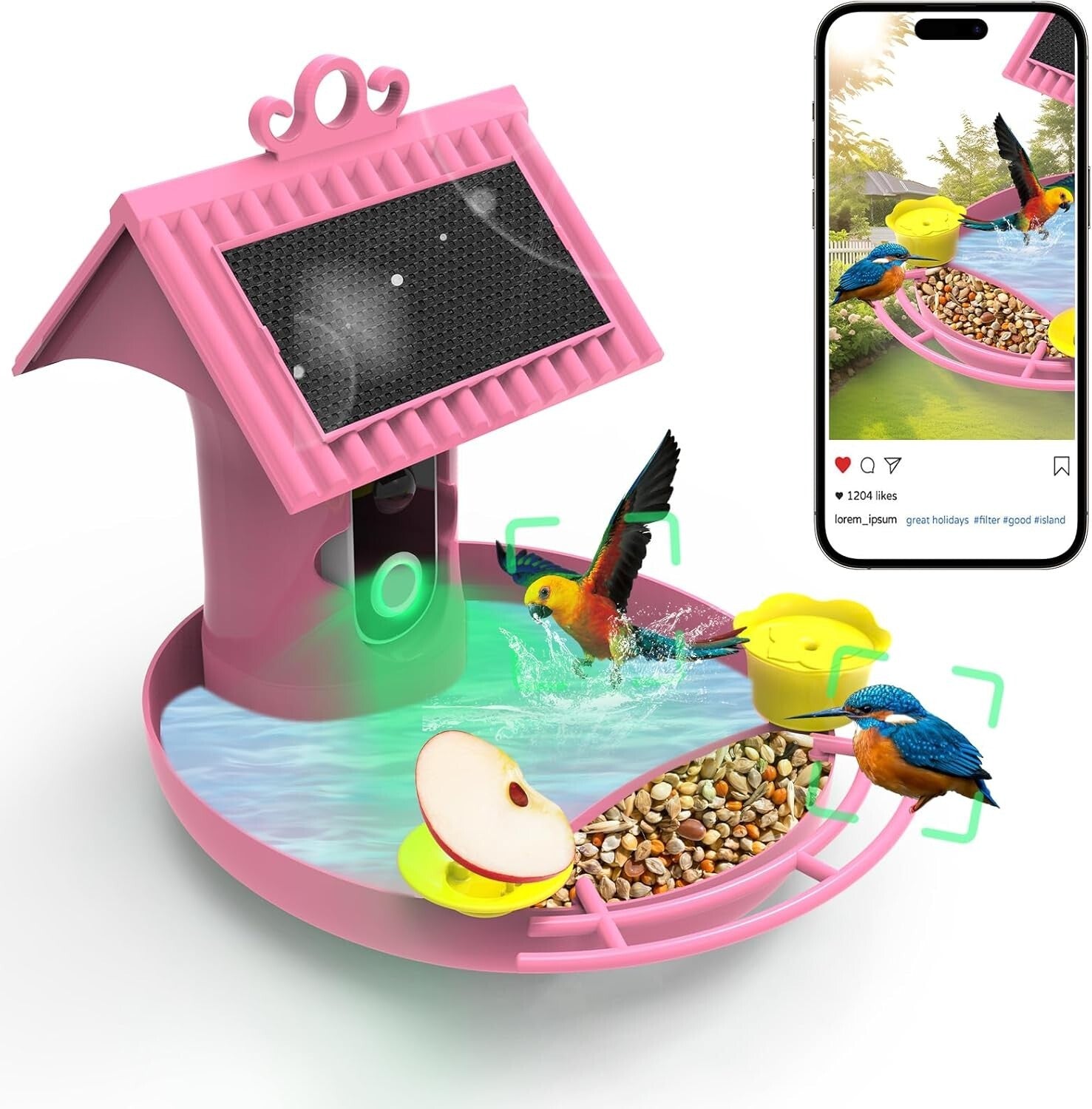 Smart Solar-Powered Bird Feeder with AI Recognition & Built-In Camera – Pink