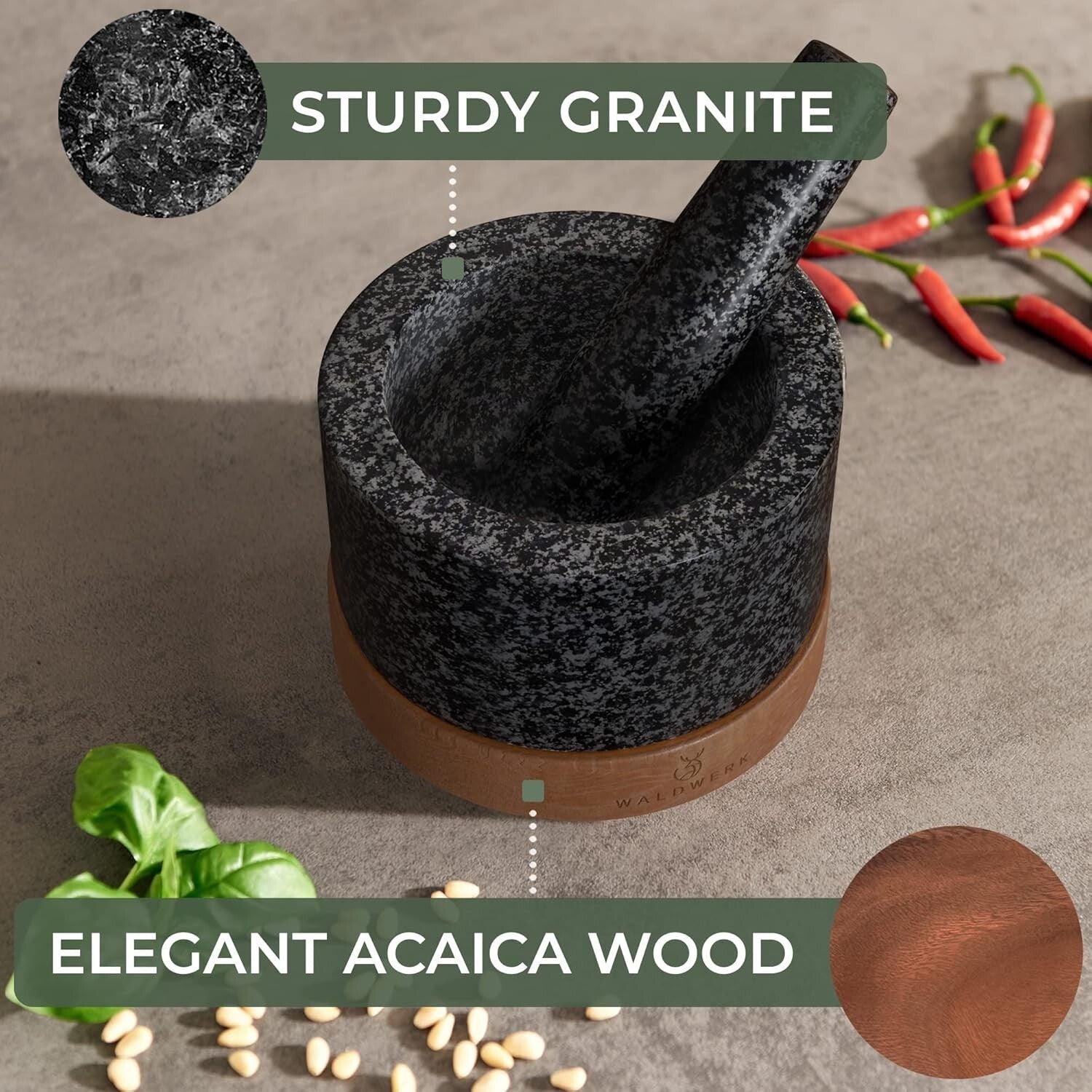 Extra Large Natural Granite Mortar and Pestle with Stylish Acacia Wood Stand