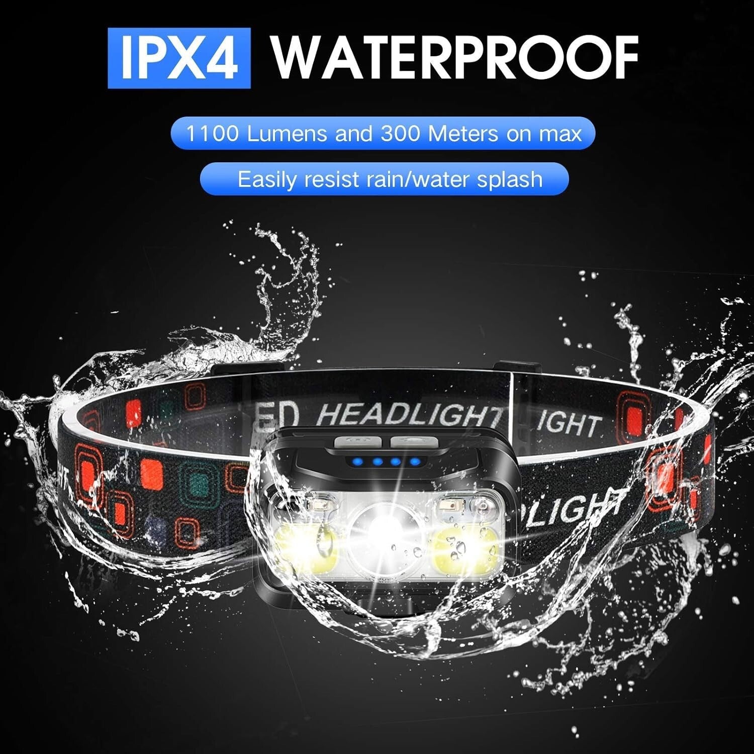 4-Pack Waterproof Rechargeable Headlamp - 8 Adjustable Modes for All Activities