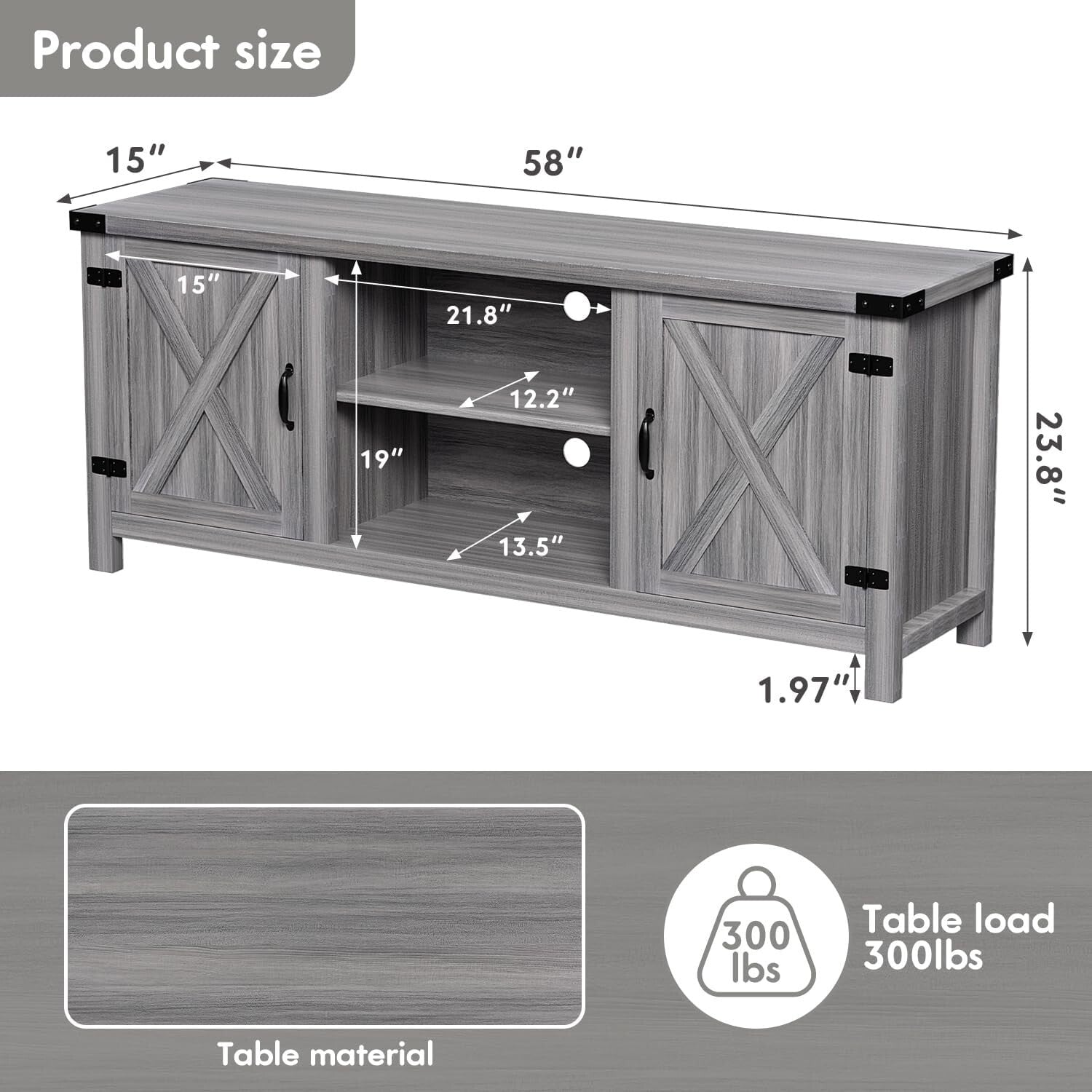 58-Inch Gray Wash Entertainment Center with Adjustable Shelves and Storage