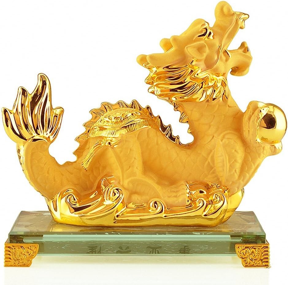 2024 Year of the Dragon Large Golden Resin Figurine - Collectible Table Decor