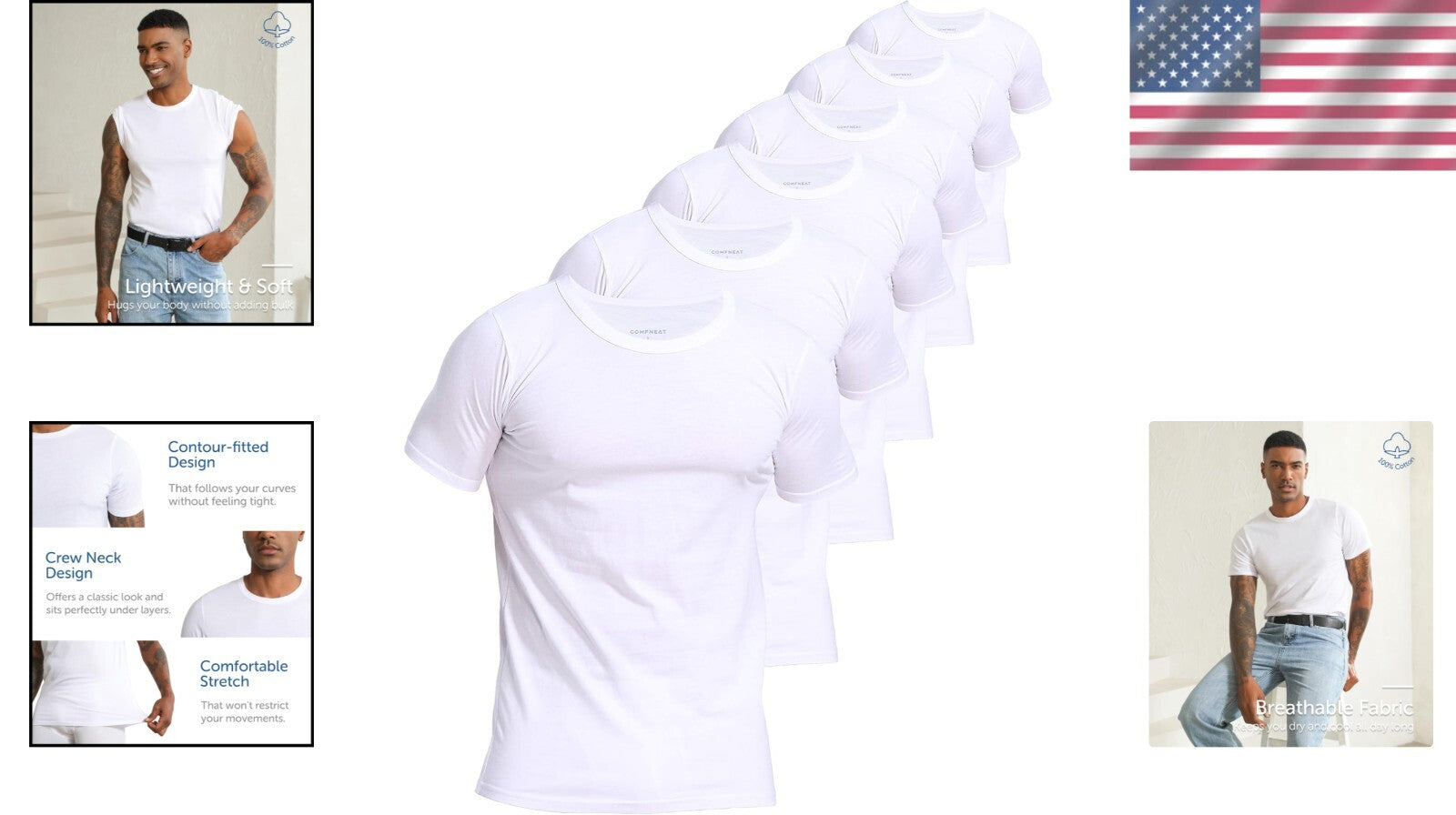 Classic Fit 6-Pack Men's Cotton Undershirts with Invisible Crew Neck Design