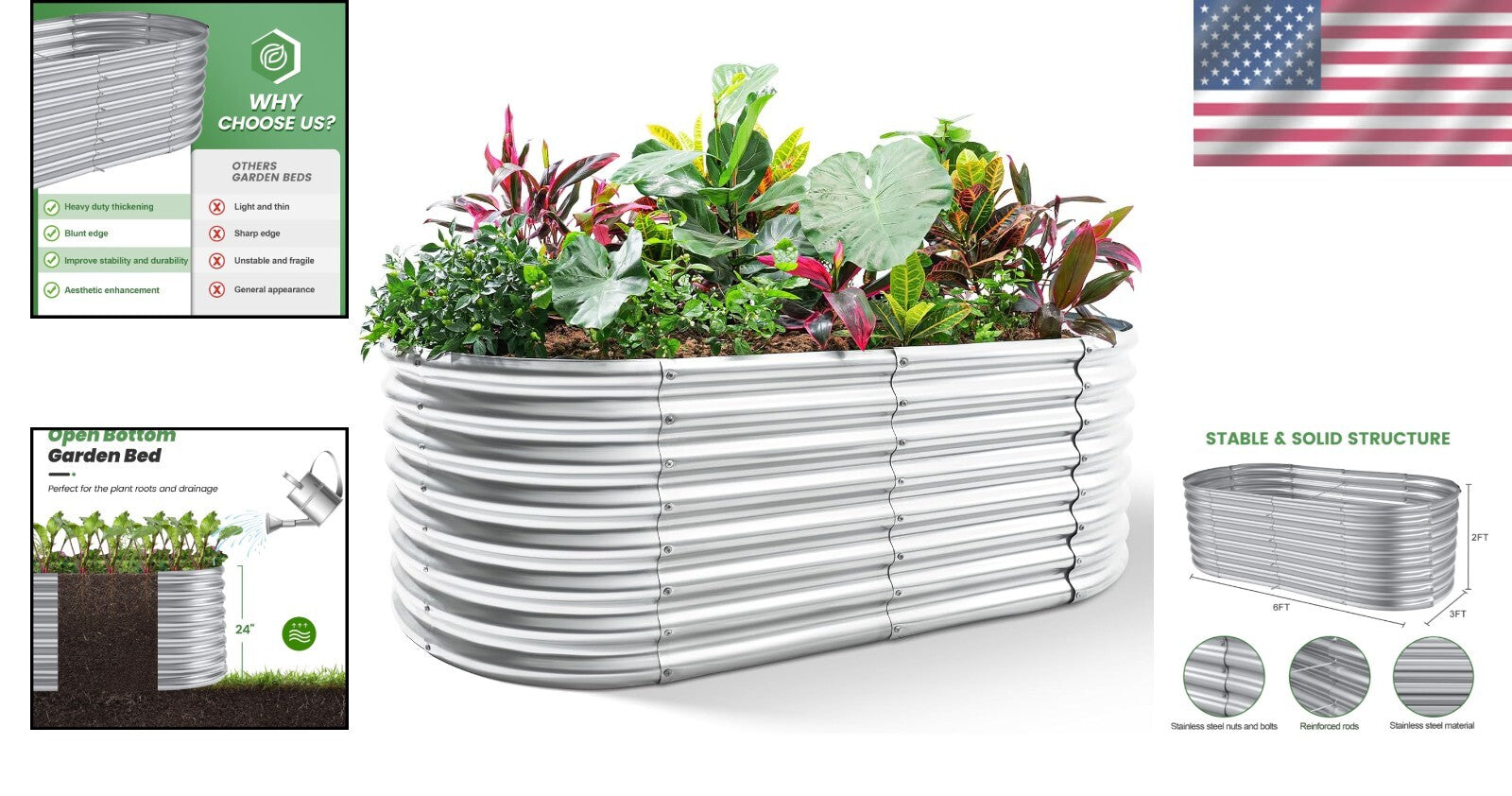 6×3×2ft Galvanized Raised Garden Bed - Durable Oval Planter for Vegetables