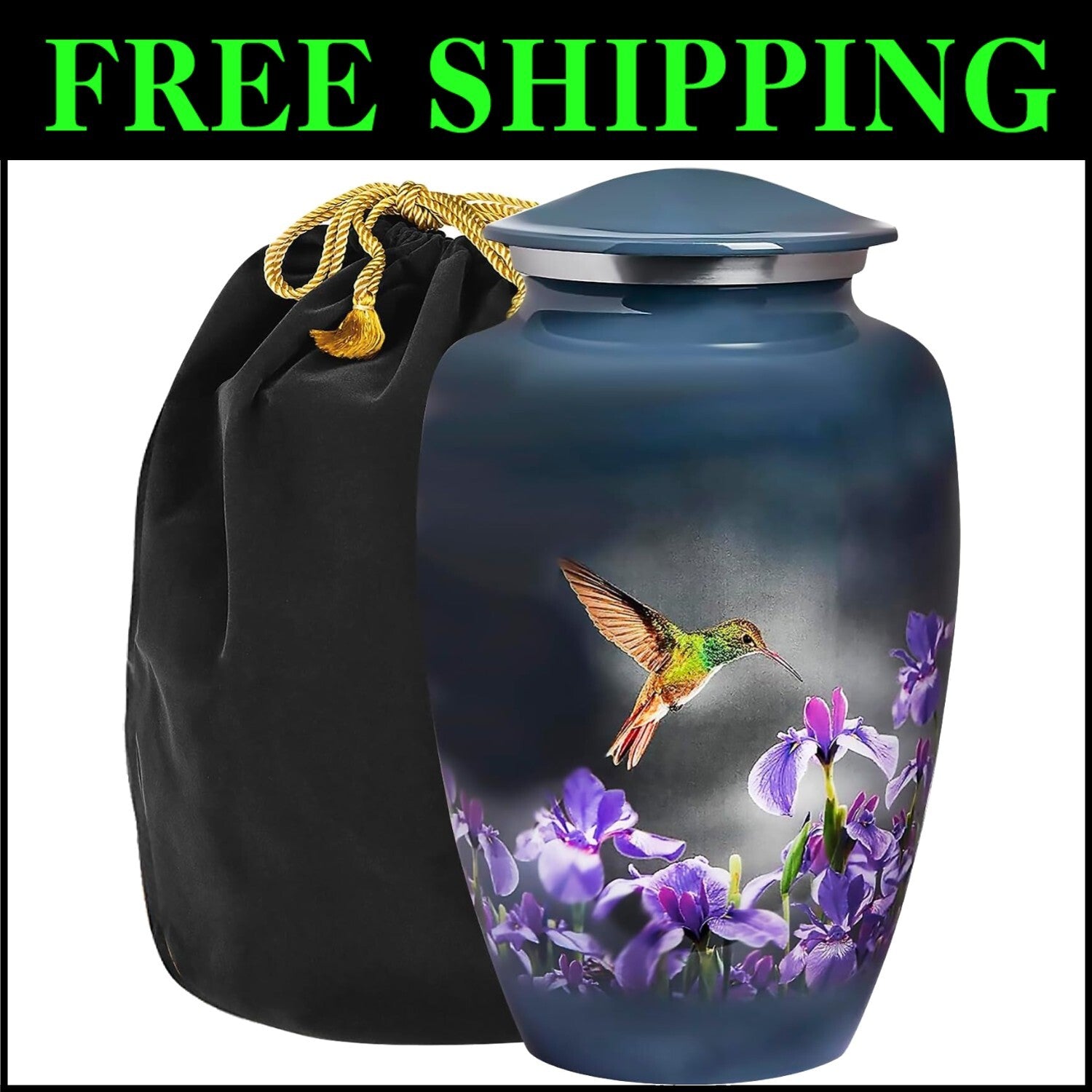 Large Decorative Burial Urn for Human Ashes - 200LB Capacity, Gray Hummingbird