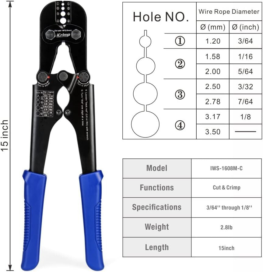 Ergonomic Wire Rope Crimping Tool with Multi-Groove Cutter - Black Oxide Finish