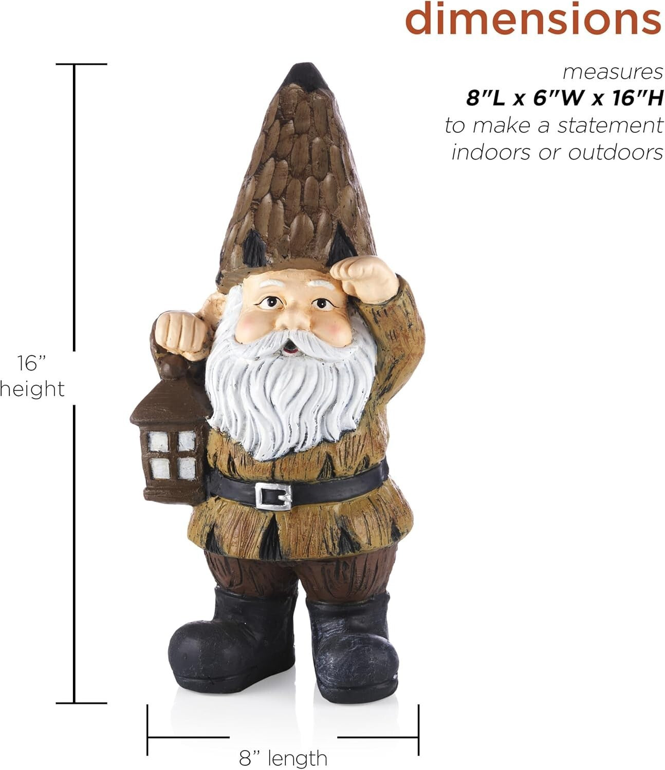 Durable Indoor/Outdoor Gnome with Lantern - 16" Brown Statue for Gardens
