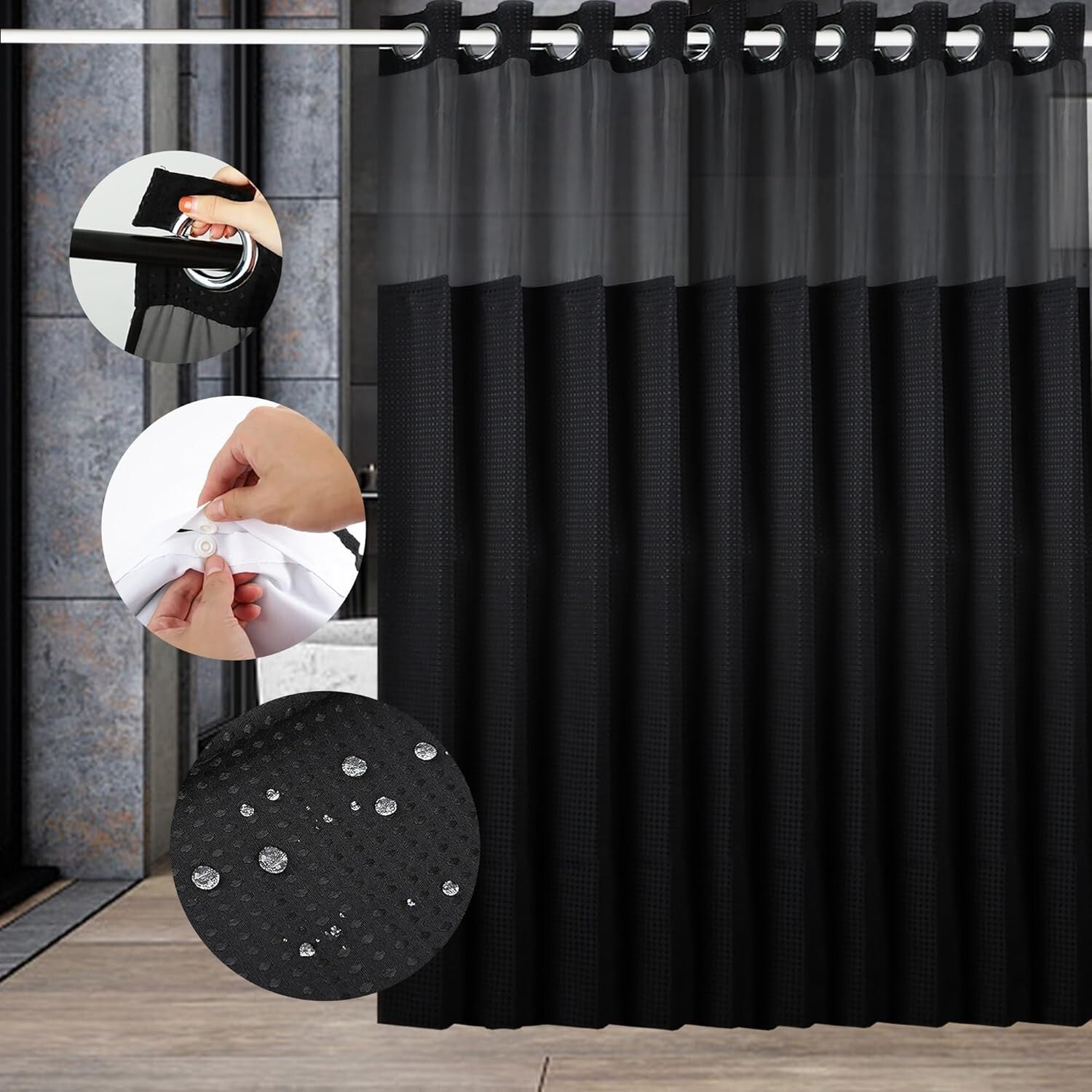 Luxury Hotel-Grade Shower Curtain with Thick Waffle Weave & Mesh Top - 72x74