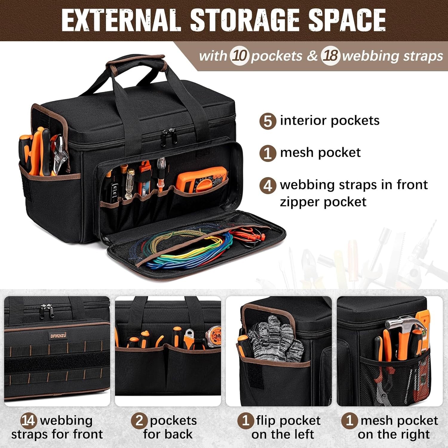17" Heavy Duty Tool Bag with 20 Pockets - Portable Organizer for Professionals
