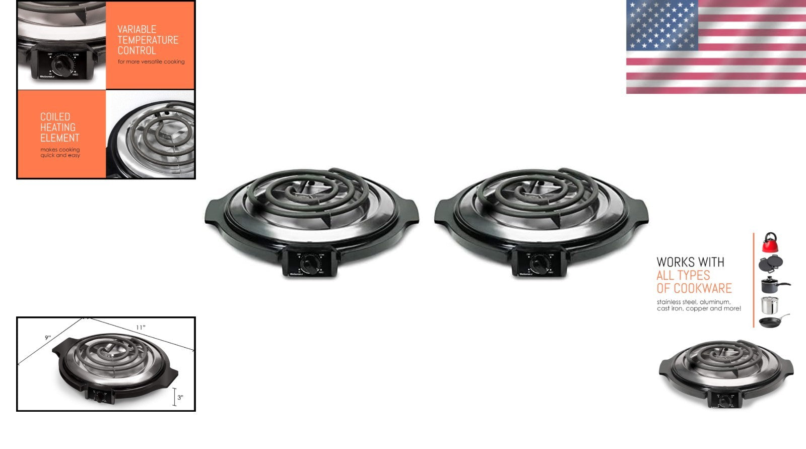 Efficient 1000W Portable Electric Hot Plate - Adjustable Temp Control, Pack of 2