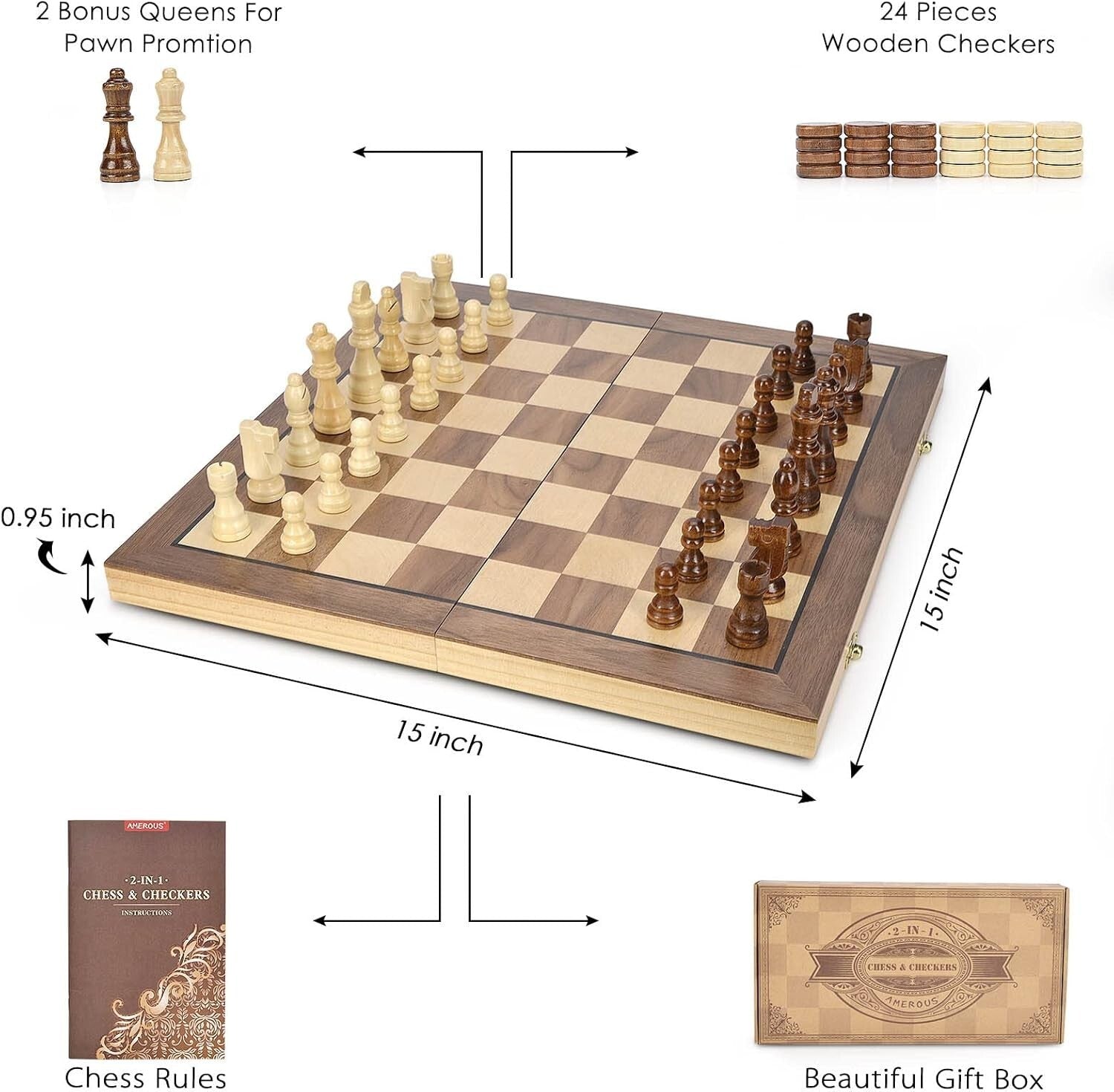 15'' Classic Wooden Chess & Checkers Set with Magnetic Pieces - Family Fun Game