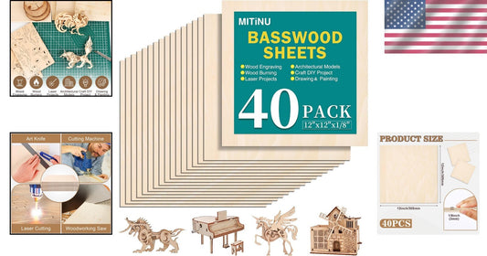 12"x12" Basswood Craft Sheets - 40 Pack for Laser Cutting & Wood Burning