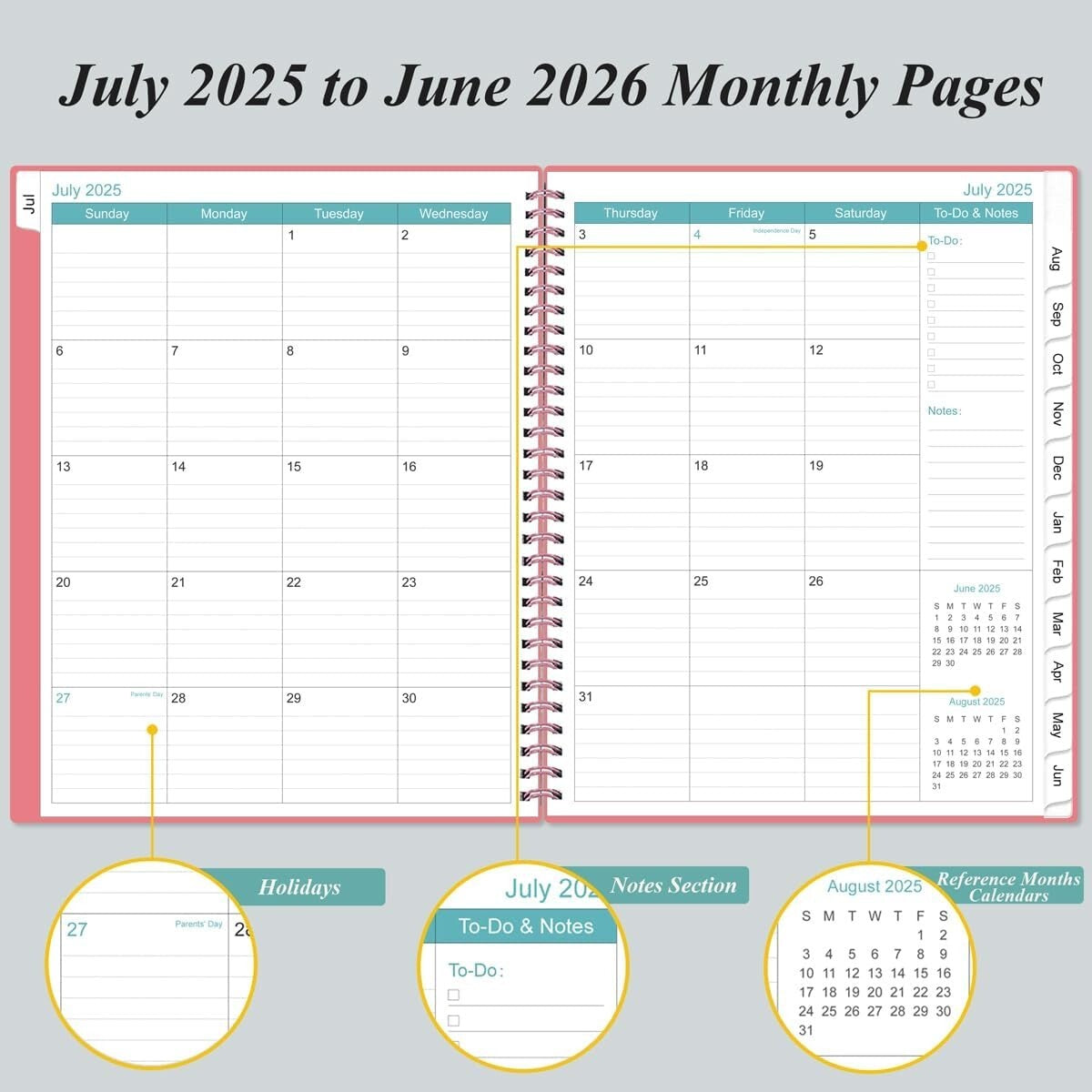 2025-2026 Stylish Daily & Monthly Planner - One Page Per Day, Pink 8.5”x11”