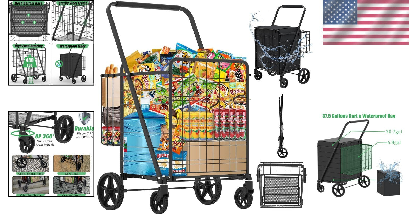 Heavy-Duty Folding Shopping Cart - 360° Swivel Wheels, Holds 440 LBS
