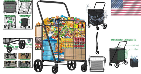 Heavy-Duty Folding Shopping Cart - 360° Swivel Wheels, Holds 440 LBS