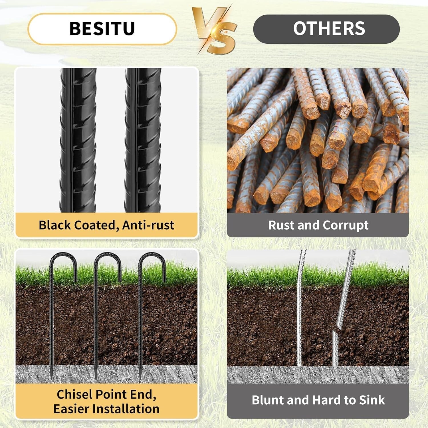 24-Pack 16 Inch J Hook Steel Tent Stakes – Reliable Chisel Point Ground Anchors