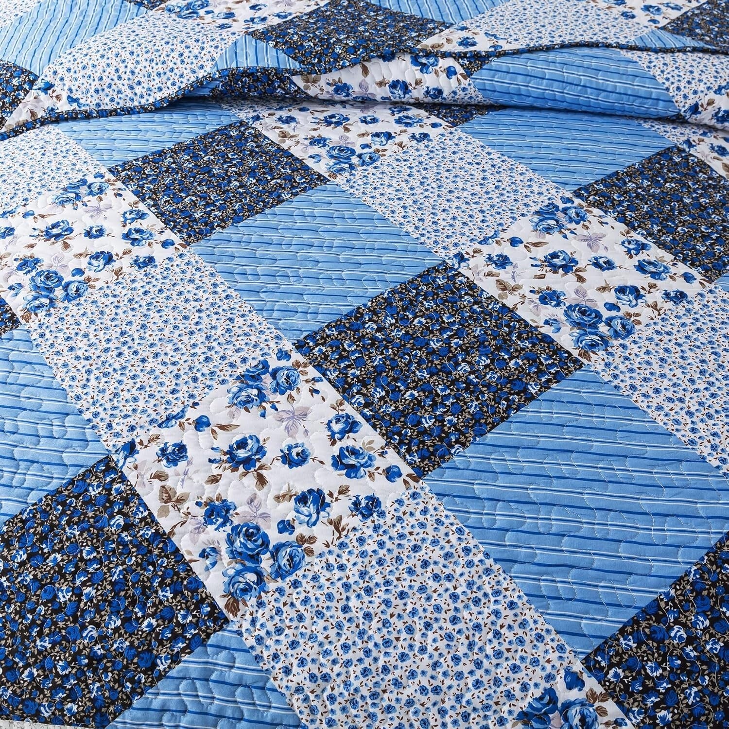 California King Quilt Set - 120x120 Blue Rustic Floral Bedspread & 2 Pillowcases