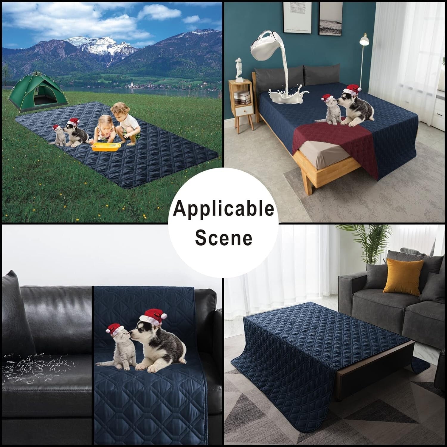 100% Waterproof Reversible Dog Bed Cover 86x82" - Navy & Burgundy Elegant Mat