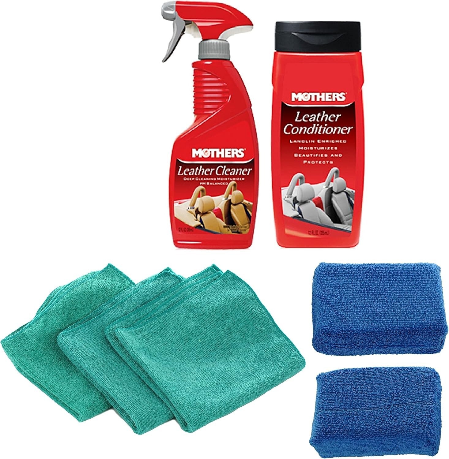 Quick Leather Cleaning Kit: 2 Bottles, 2 Microfiber Sponges & Applicator Towels