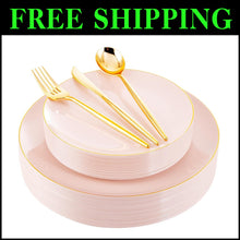Load image into Gallery viewer, Stylish Pink Plastic Plates with Gold Embellishment - Ideal for Parties &amp; Events