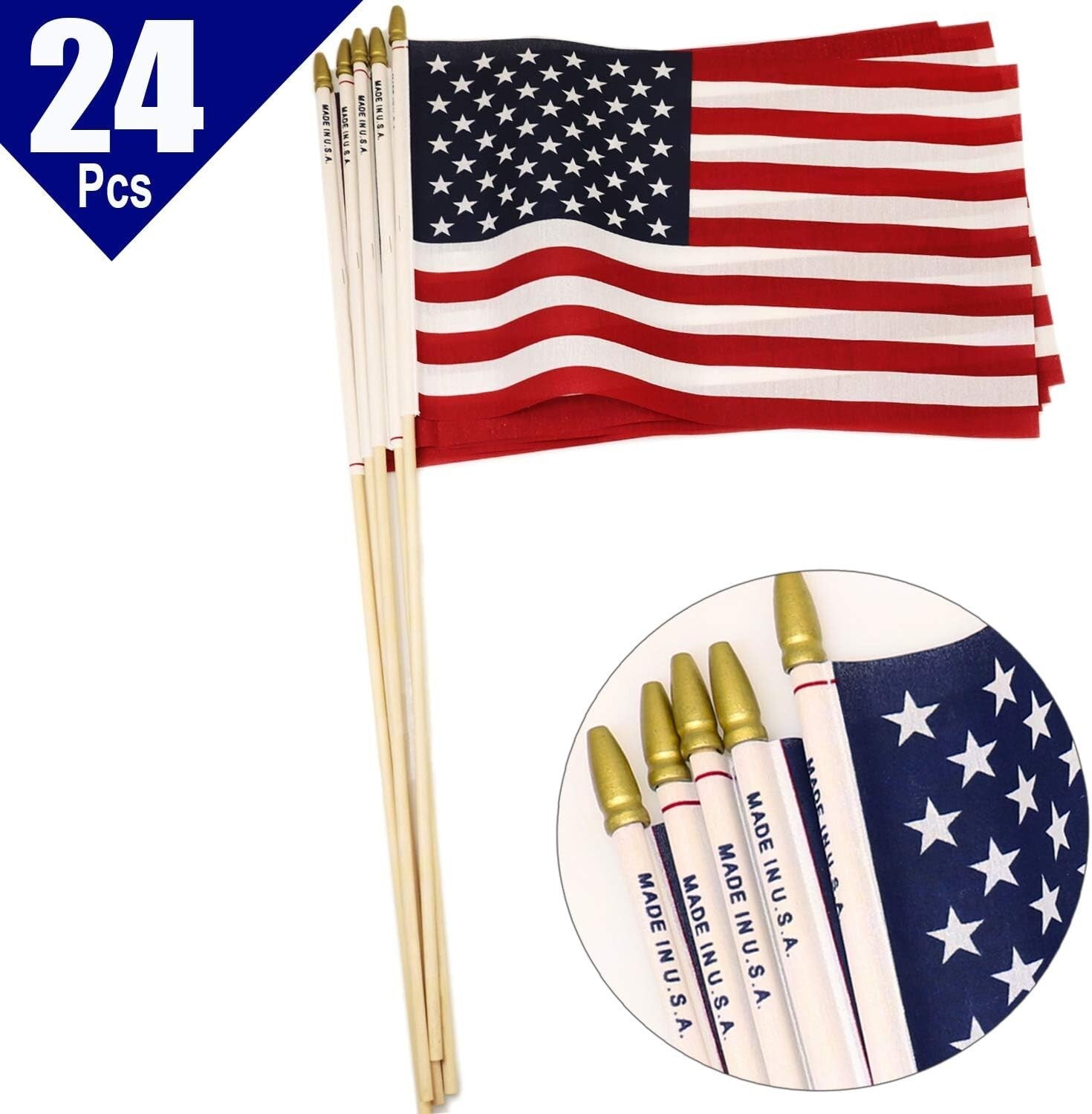 Durable 24pc Miniature American Flags on Birch Poles, Perfect for Celebrations
