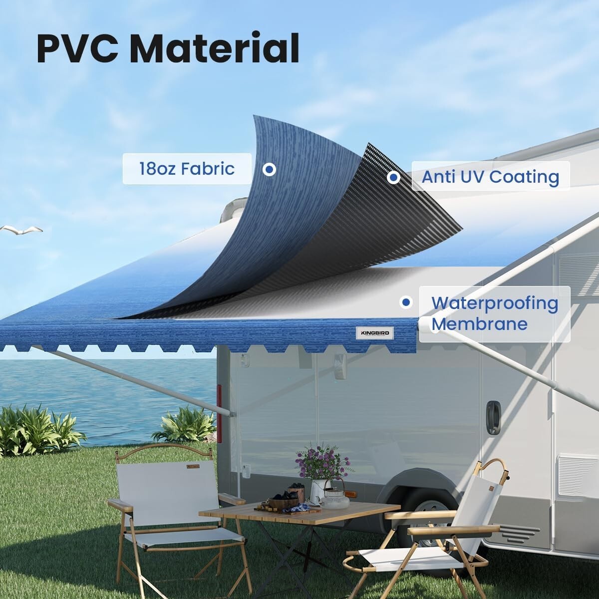 Durable Vinyl Awning Canopy - 14' Blue Fade Replacement for Trailers & Campers