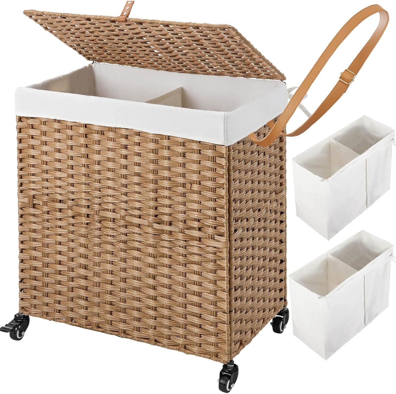 Elegant 110L Divided Laundry Basket with Wheels - Waterproof and Easy-Clean