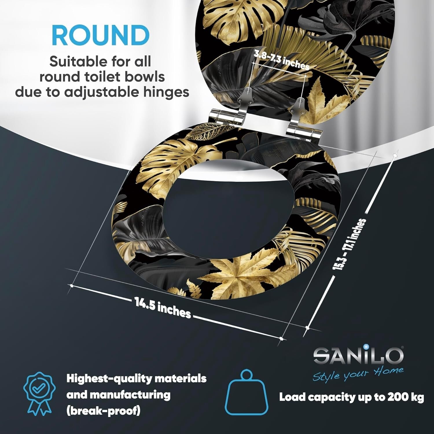 Luxury Molded Wood Toilet Seat with Soft Close Feature - Golden Leaves Design