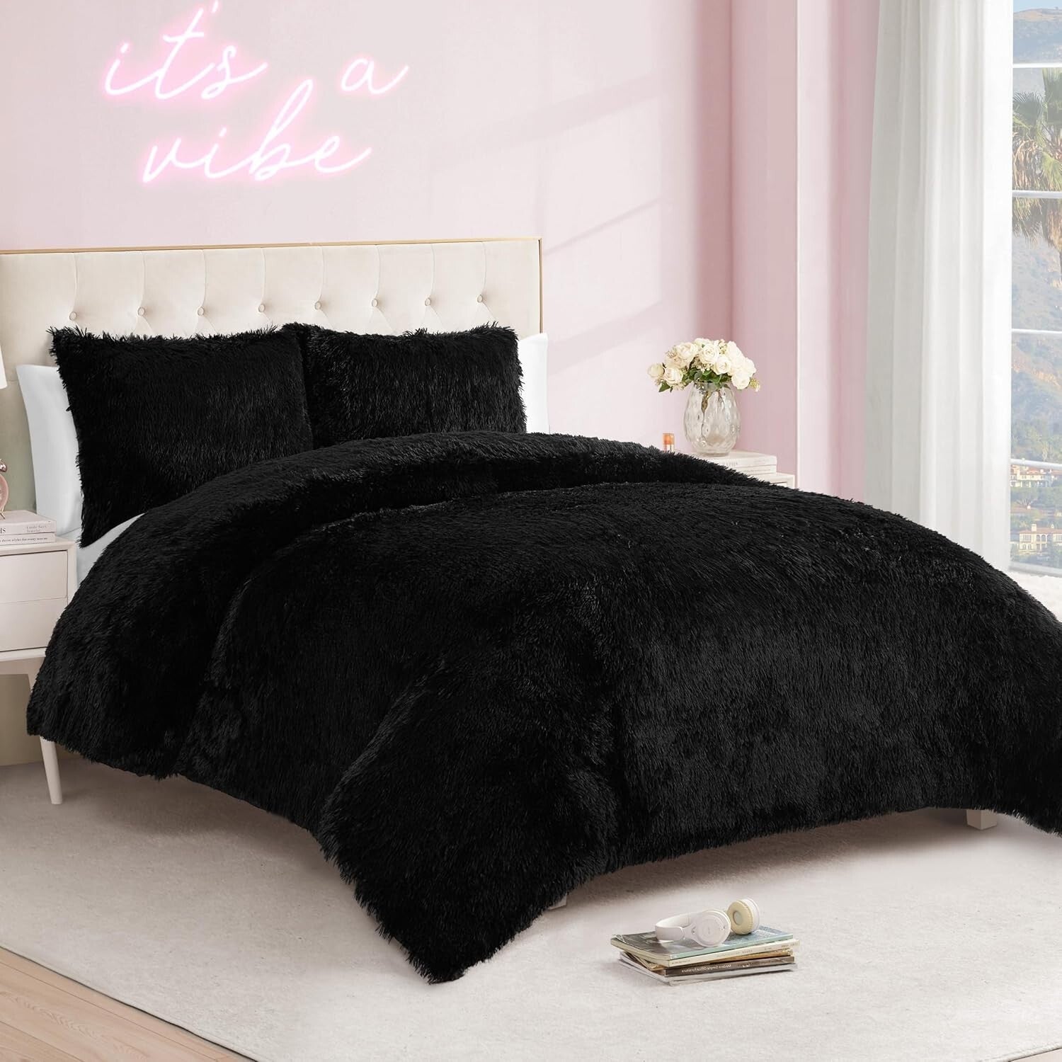 Luxurious Shaggy Faux Fur Black King Comforter Set - 3-Piece Glam Bedding