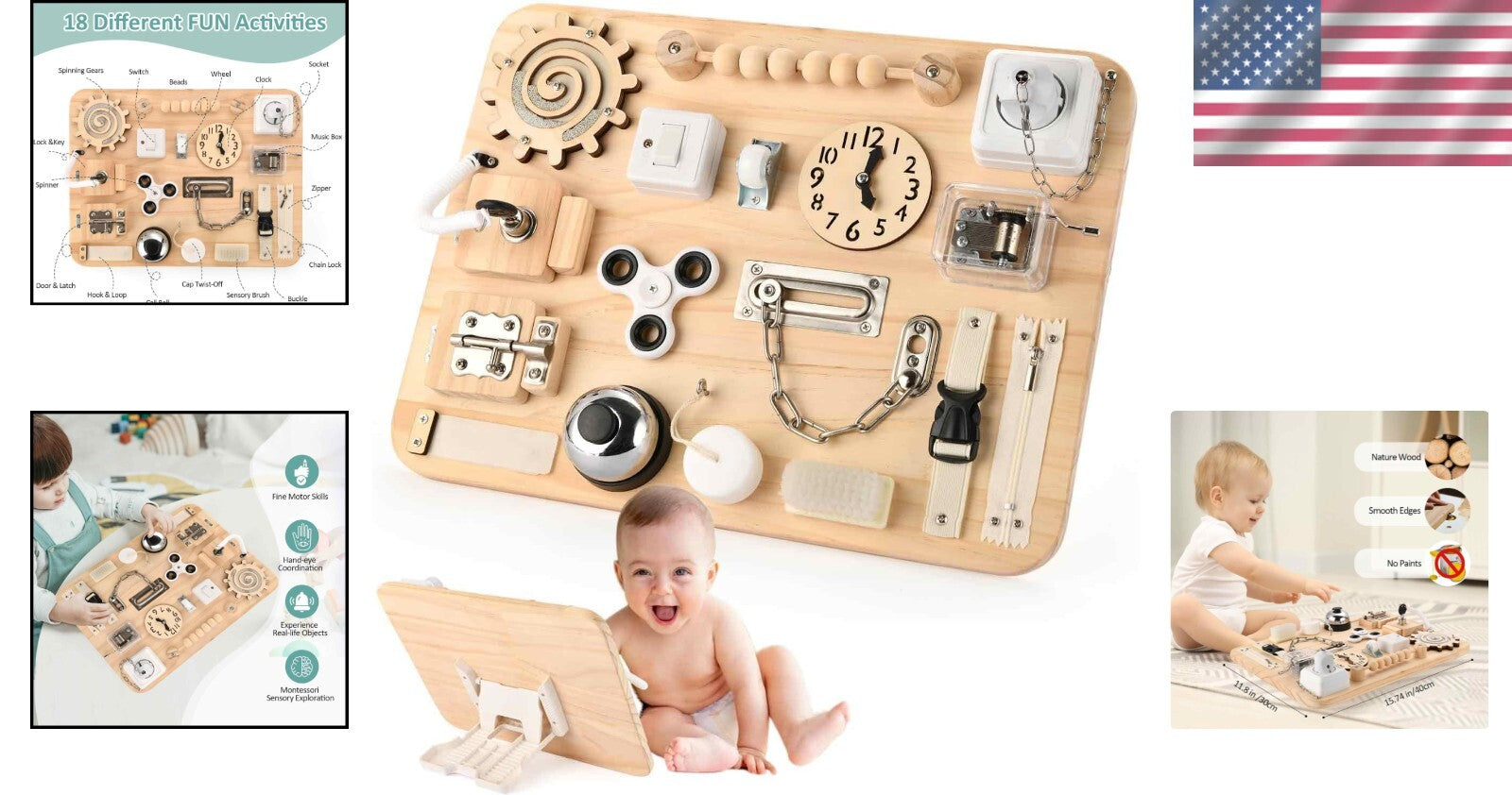 Montessori 18-in-1 Busy Board - Safe Wooden Sensory Toy for Toddlers 1-4 Years