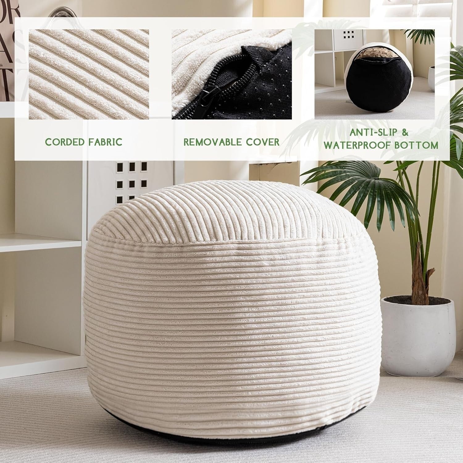 Elegant Round Pouf Ottoman - Cozy Corduroy and Faux Fur Foot Stool in Beige