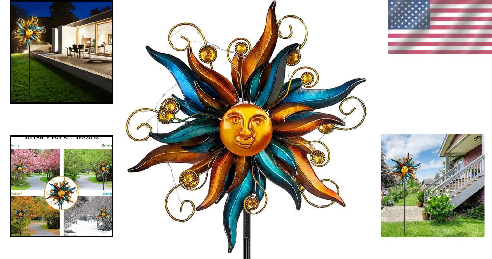 Unique Face Design Solar Garden Wind Spinner with LED Lights - Easy Installation