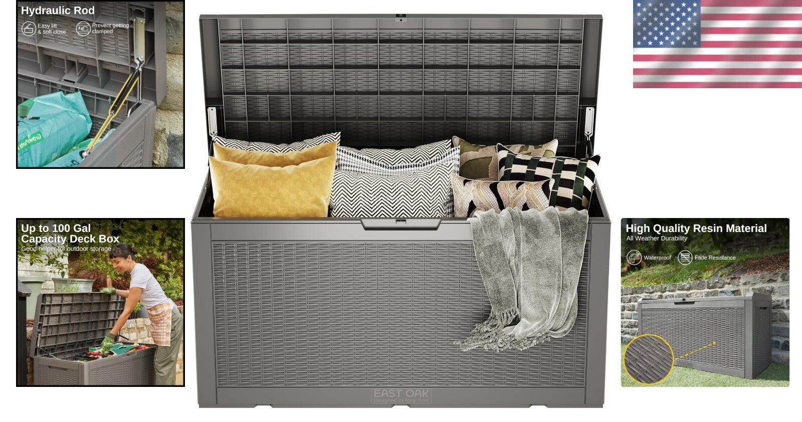 Modern 100 Gallon Resin Outdoor Storage Box with Hydraulic Lift for Easy Use