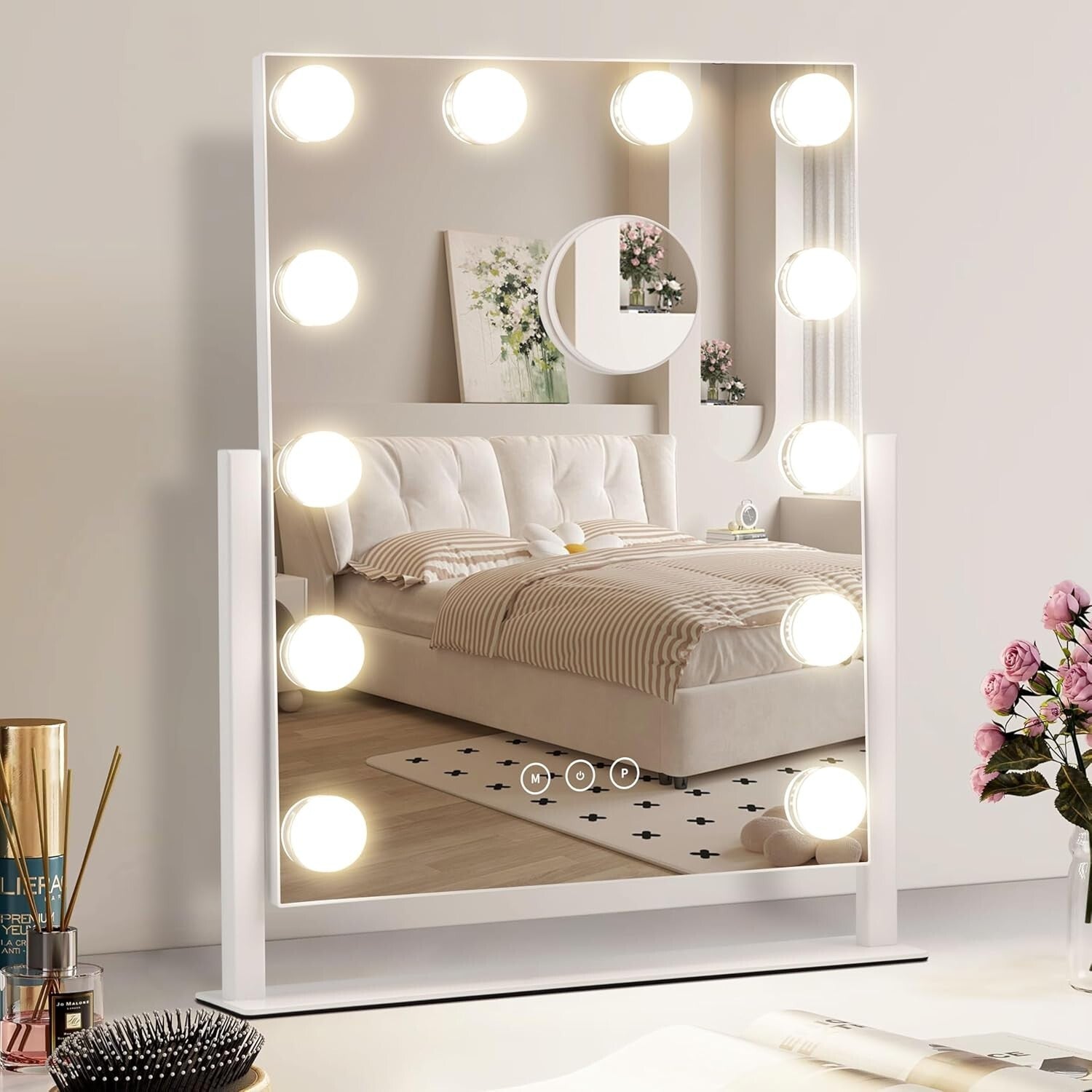 Dimmable Makeup Mirror with 3 Color Settings & 10X Detachable Magnification