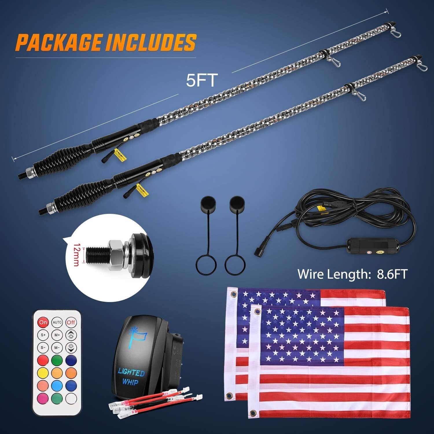 Dynamic 5FT RGB LED Whip Lights Set with Spring Base for Offroad Vehicles