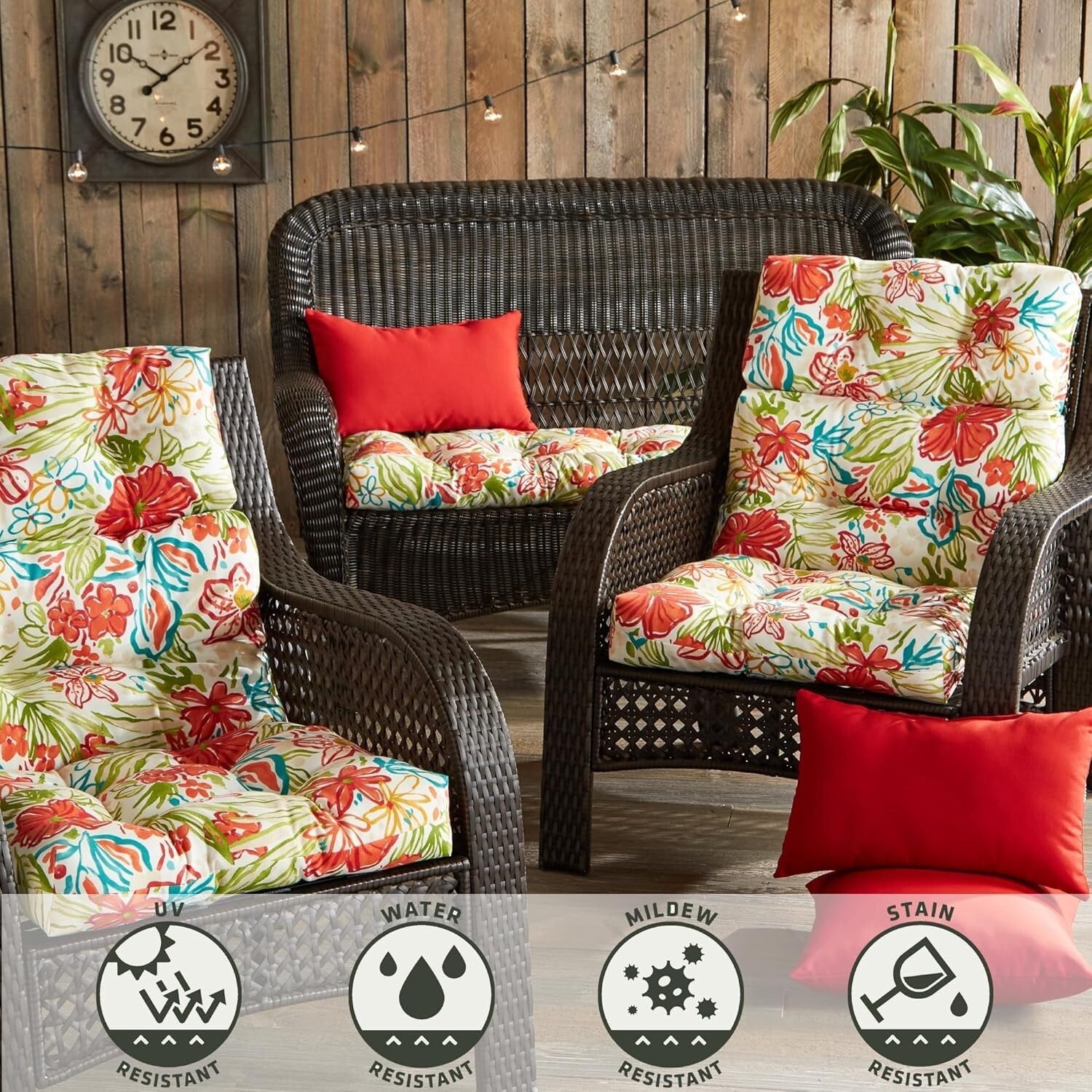 Garden Floral High Back Chair Cushion Set, 2 Pieces - Fade & Stain Resistant