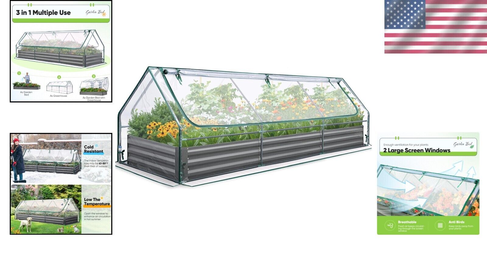 Extra Durable 8x4 Galvanized Raised Planter with Vented Mini Greenhouse Cover