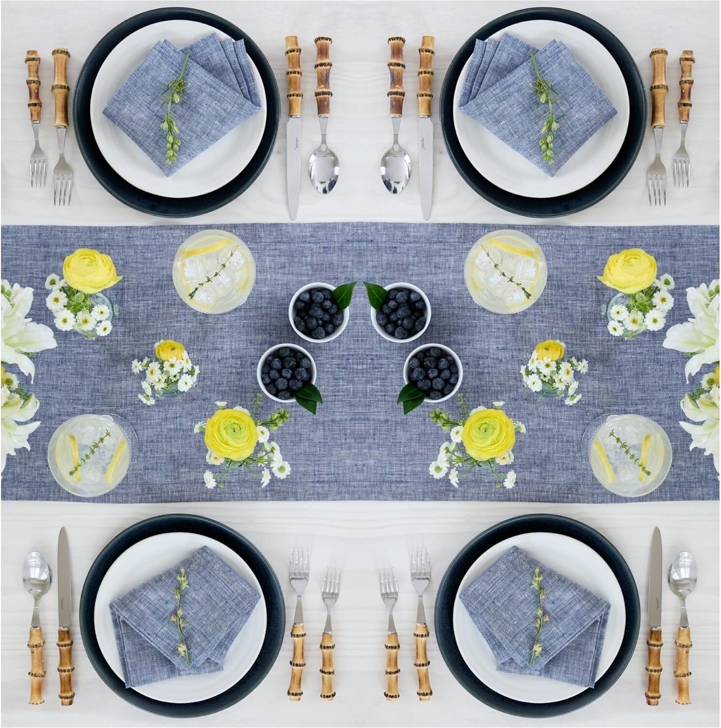 Handcrafted 100% Pure Linen Table Runner - 14 x 108 Inches in Indigo Chambray