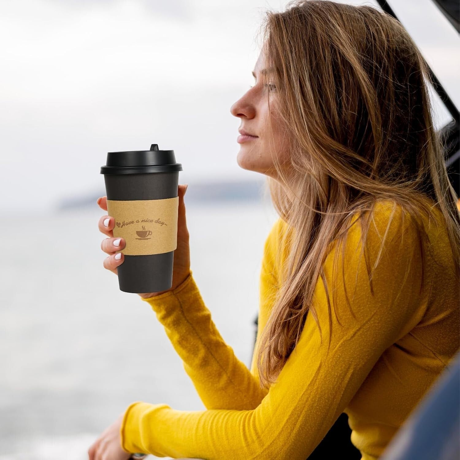 500 Pack 16 oz Black Disposable Coffee Cups with Lids & Sleeves for Convenience