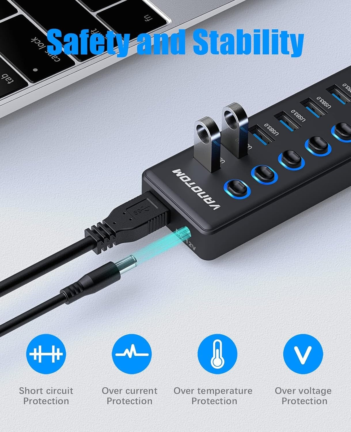 Powered 11-Port USB Hub 3.0 Splitter with Smart Charging & Individual Switches