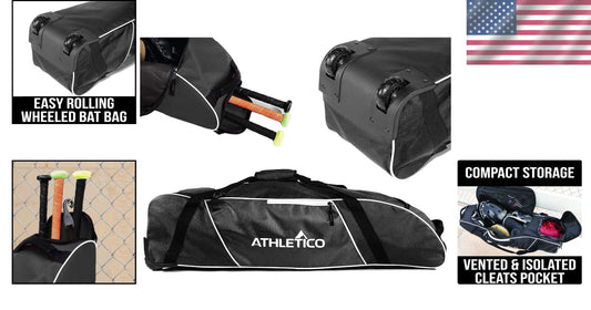 Sporty Wheeled Baseball Equipment Bag with Shoe Compartment and 2 Pockets