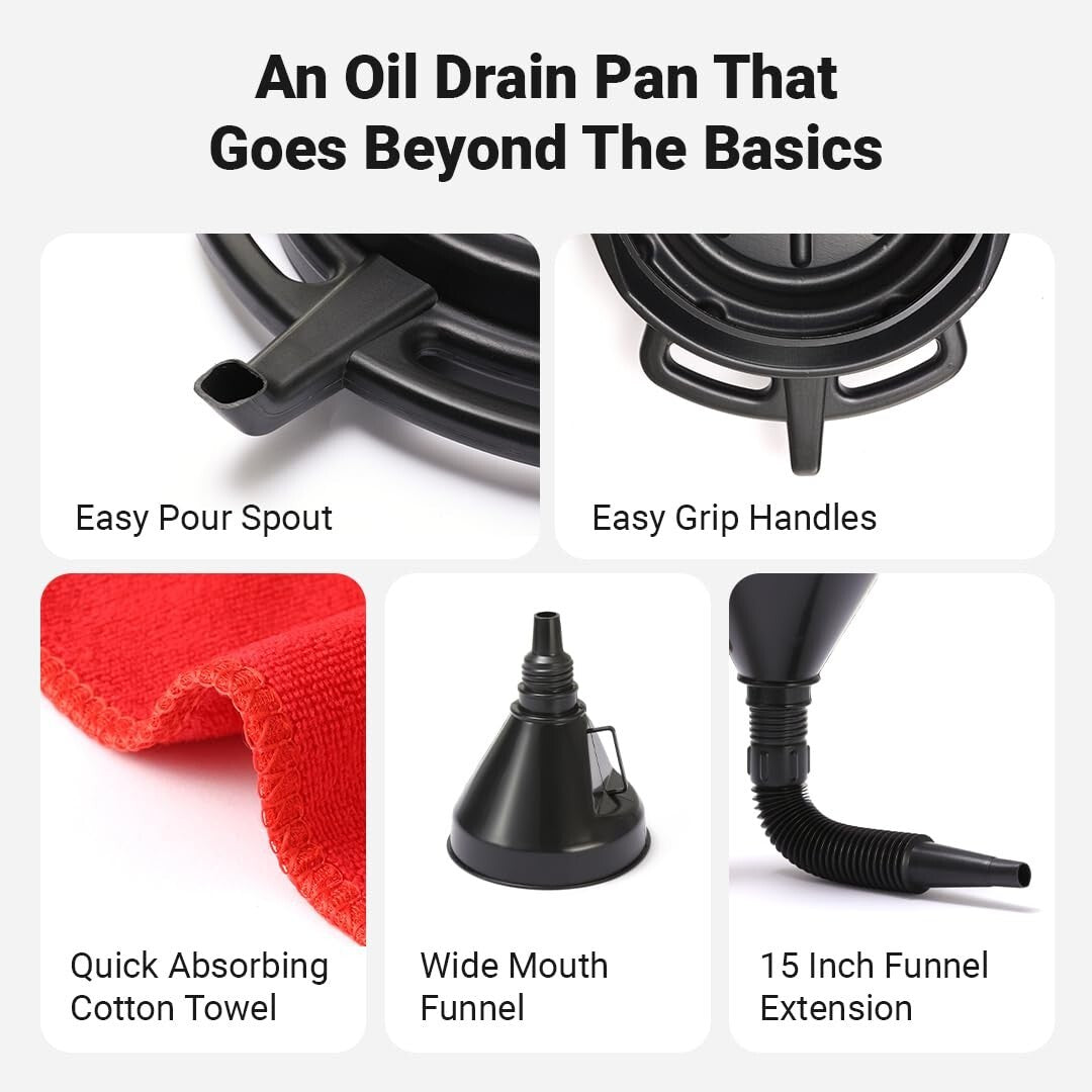 Durable Oil Change Kit with 8 Quart Pan, Funnel & Shop Towels for DIY Mechanics
