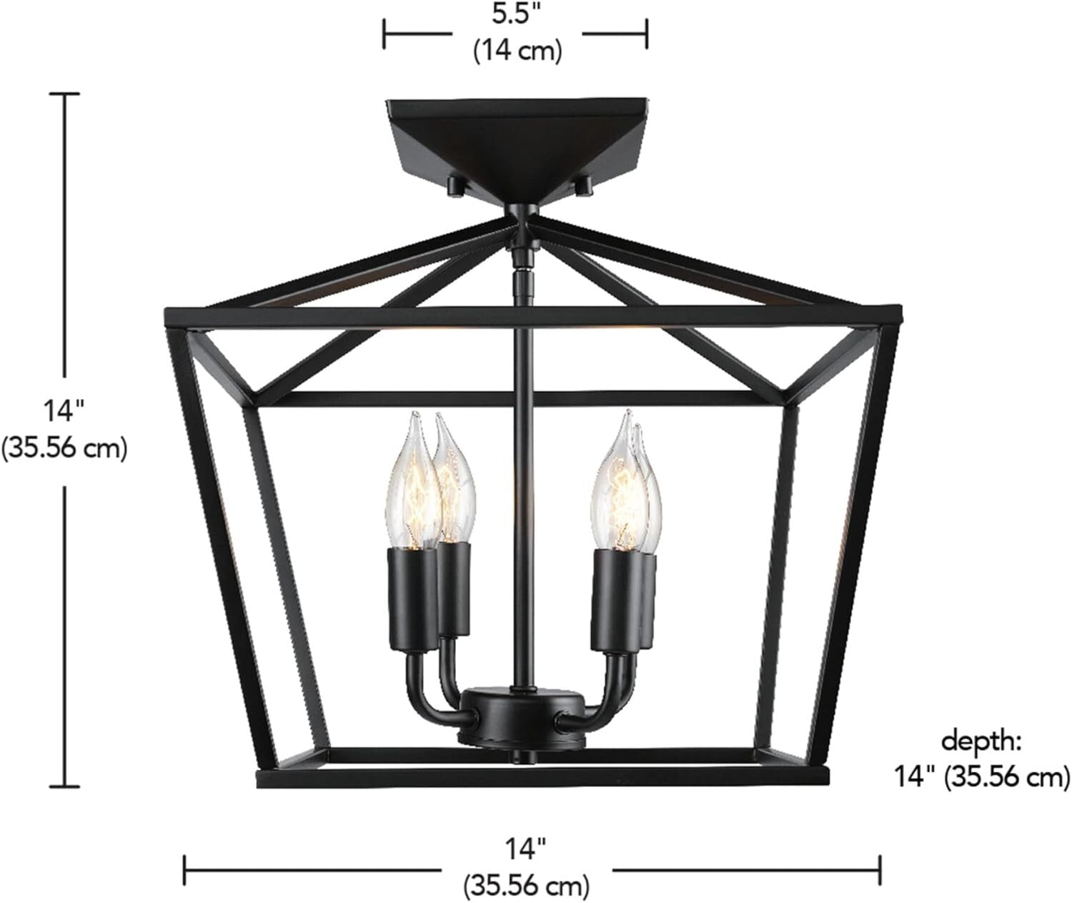 Modern Industrial 4-Light Ceiling Fixture with Flame Tip Edison Bulbs Included