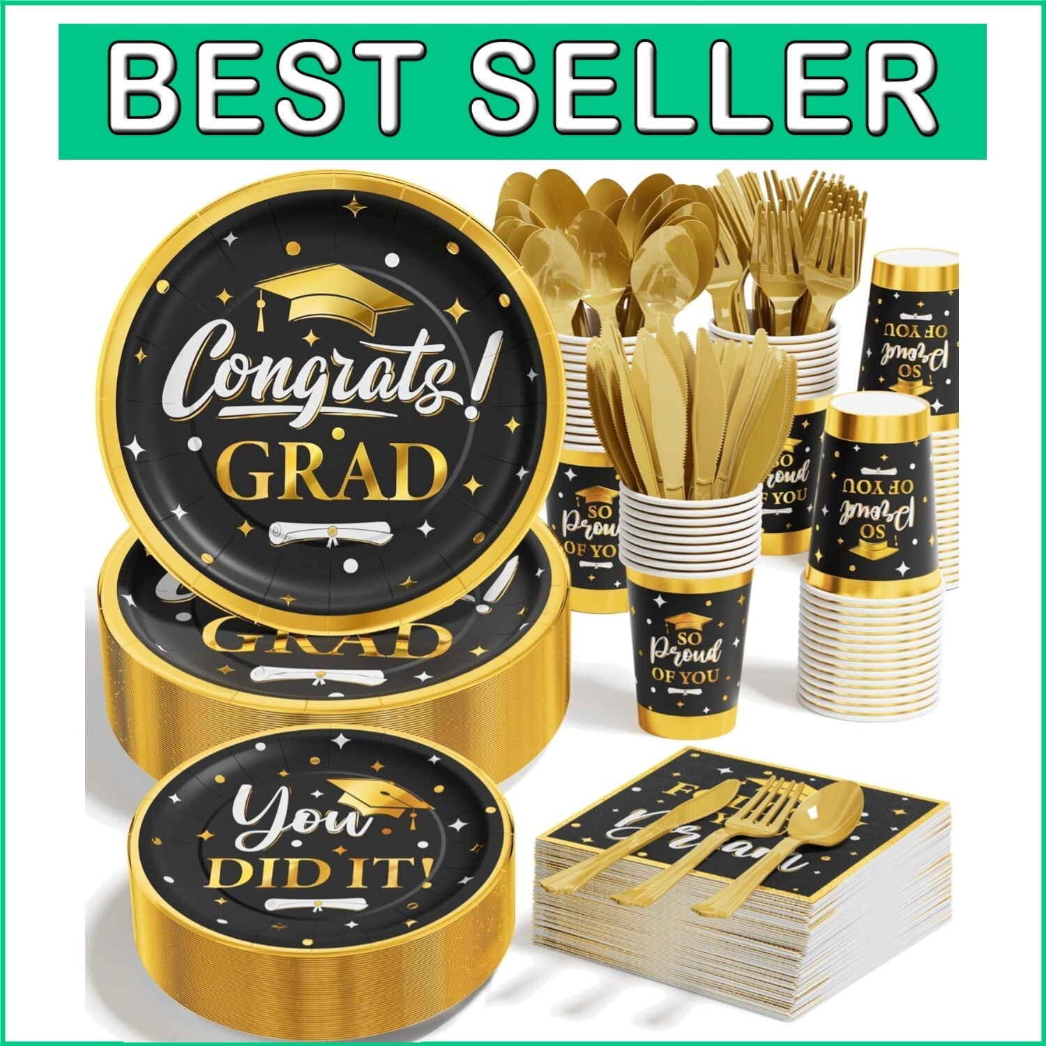 Elegant Black & Gold Graduation Party Dinnerware - 350PCS Serves 50 Perfectly