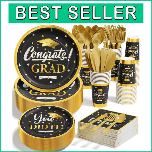 Elegant Black & Gold Graduation Party Dinnerware - 350PCS Serves 50 Perfectly